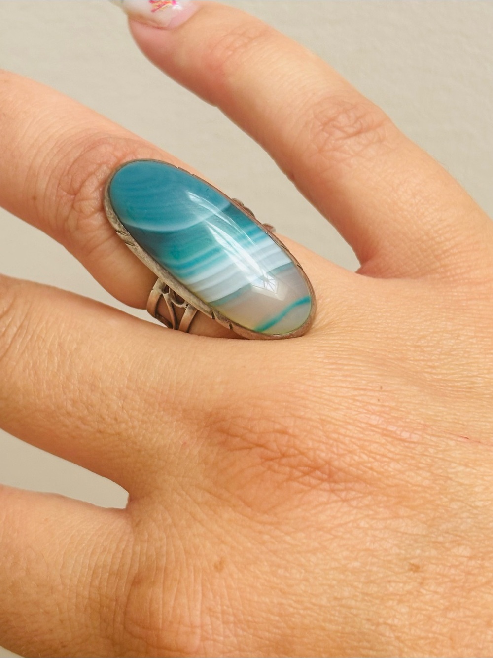 Vintage Teal Banded Agate Oval 925 Silver Statement Ring